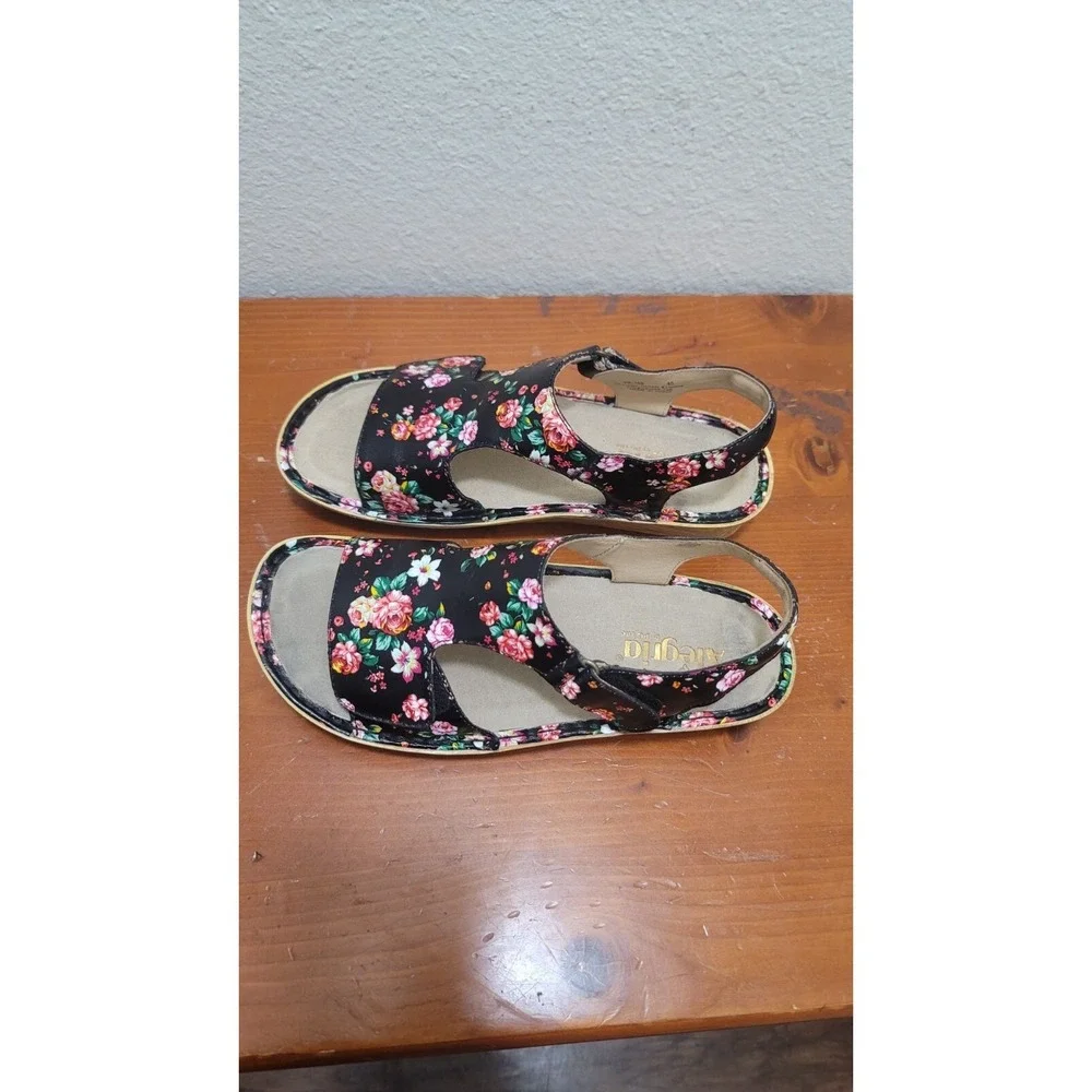 Alegria VIK-169 Floral Leather Sandals Womens 40 Black Slingback Comfort‎ Wedge